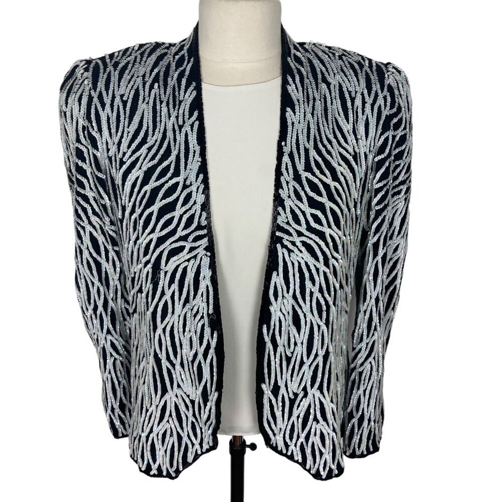 Vintage Nipon Night Sequin Jacket Womens Medium Black White Wedding Evening